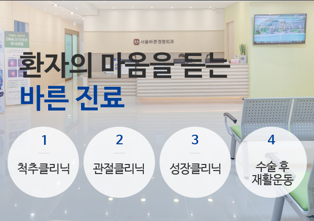 환자의 마음을 듣는 바른진료. 1척추클리닉, 2관절클리닉, 3.성장클리닉, 4.수술후 재활운동