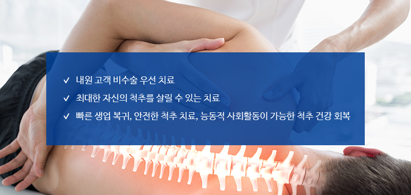 내원고객비수술우선치료.최대한 자신의 척추를 살릴수있는치료. 빠른생업복귀,안전한 척추치료, 능동적사회활동이 가능한 척추건강회복.